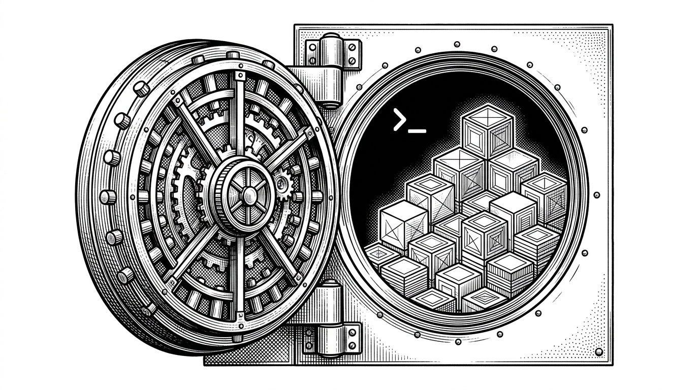 A massive bank vault door slightly ajar, revealing glowing geometric blocks inside, with a terminal cursor hovering at the opening. This represents breaking into closed enterprise silos using a command line tool.