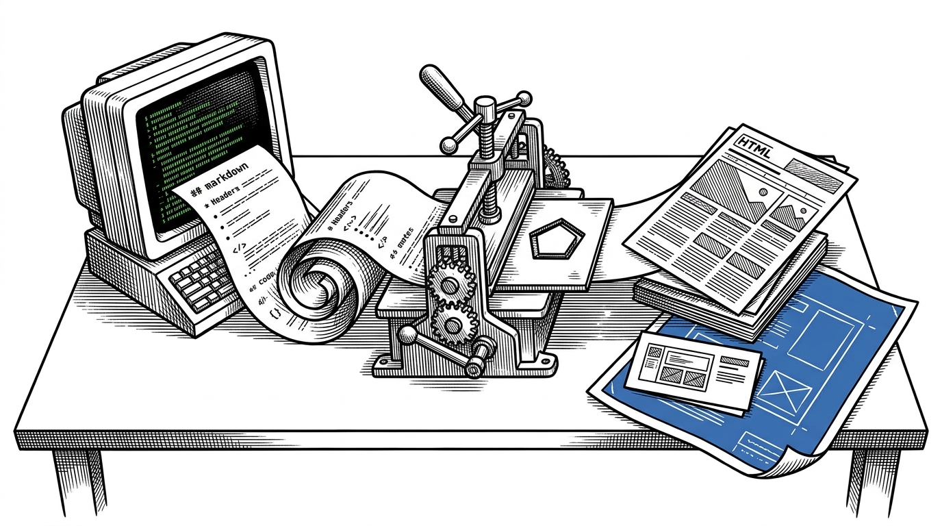 A workbench scene shows raw markdown entering a small mechanical press on the left, passing through a narrow skill stencil in the middle, and emerging on the right as polished HTML pages, a slide deck, and a poster layout. It explains how html-anything treats local AI agents as the compositor between draft content and publishable output.