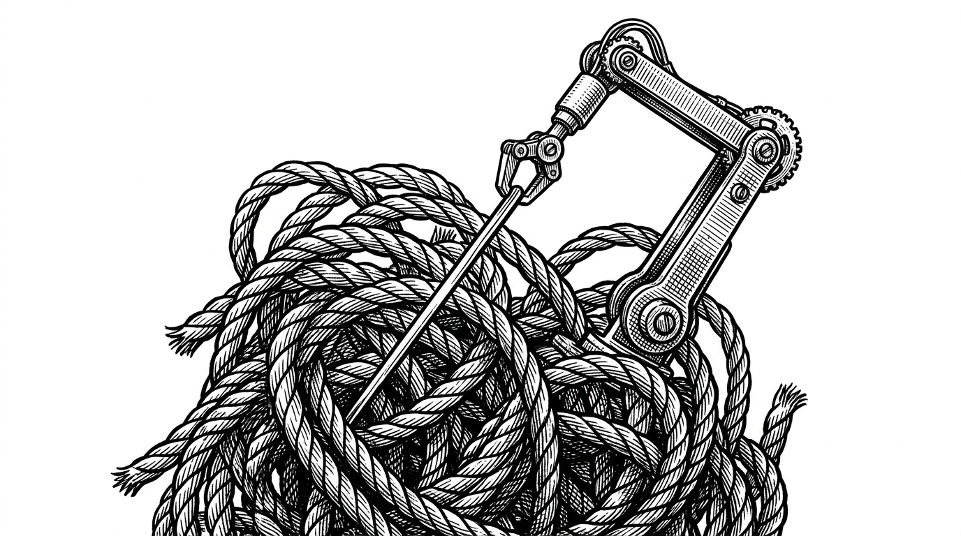 A mechanical arm meticulously untangling a complex knot of heavy maritime rope, pulling out a single straight thread.