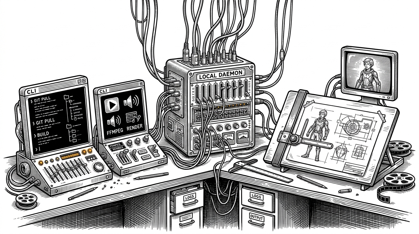 A wide desk scene shows several terminal windows wired into a central daemon box, with a design canvas and preview pane on the same workstation. The image explains that Open Design treats installed CLI tools as infrastructure, not just commands.