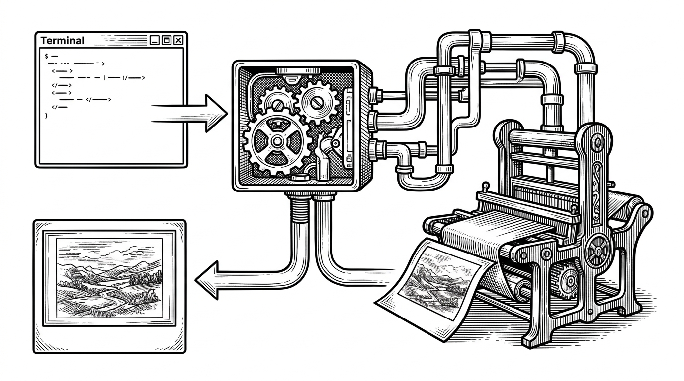 A close technical scene shows a terminal running od media generate, sending an arrow back into a daemon box, then out through a media pipeline and back into a preview pane. The image explains the recursive loop where a local command becomes a bridge back to the orchestrator.