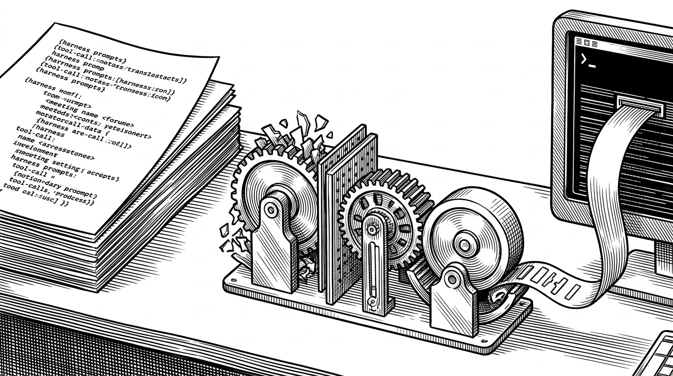 A close-up translator’s desk shows oversized prompt pages on one side, a mechanical parser in the middle, and a neat local output stream on the other. The scene explains that the hard part is not raw inference, but transforming Claude Code’s tool-heavy messages into something a local model can safely emit and then cleaning the reply before it returns.