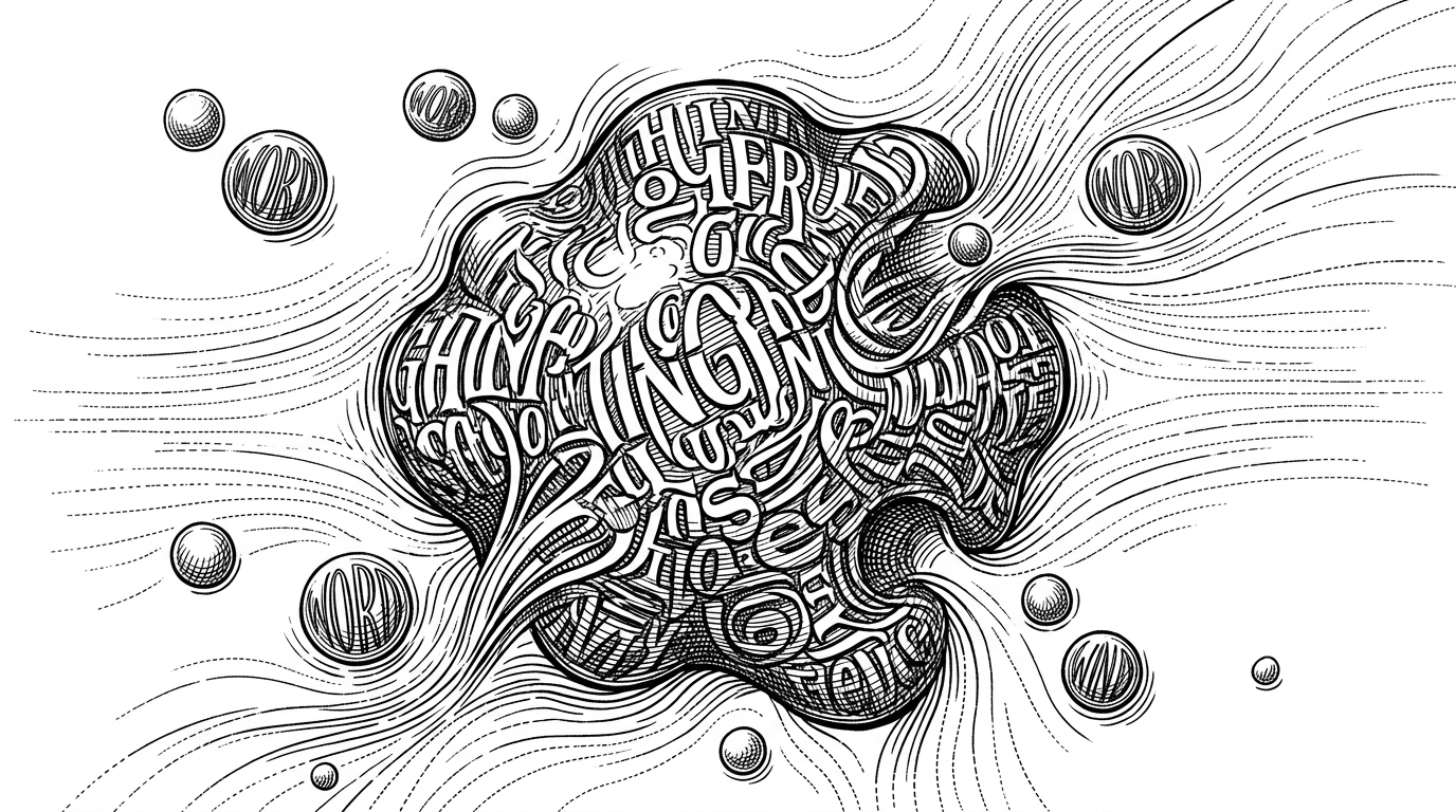 A wide arena rendered as a field of black-ink wordforms on white. A giant handle-shaped blob dominates the center while smaller text pellets drift near its edge, showing how a username becomes a player body and a scoring target at the same time.