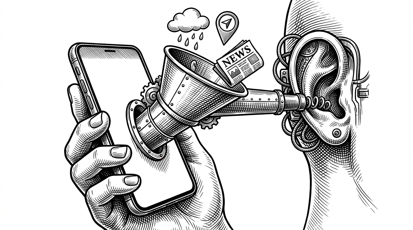 A hand holding a smartphone with a mechanical funnel emerging from the screen, receiving tiny icons of weather, maps, and news.