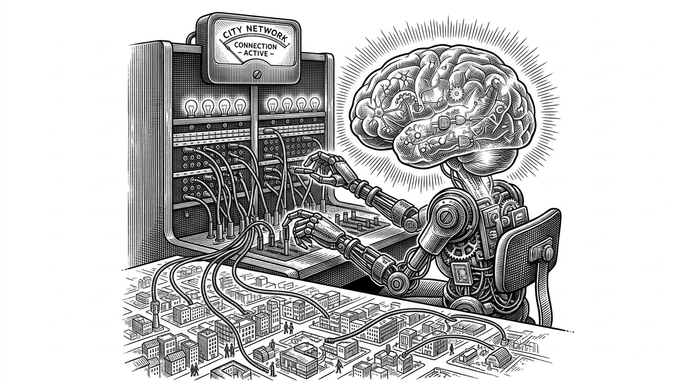 A vintage telephone switchboard operated by a glowing mechanical brain, plugging wires into a city map.