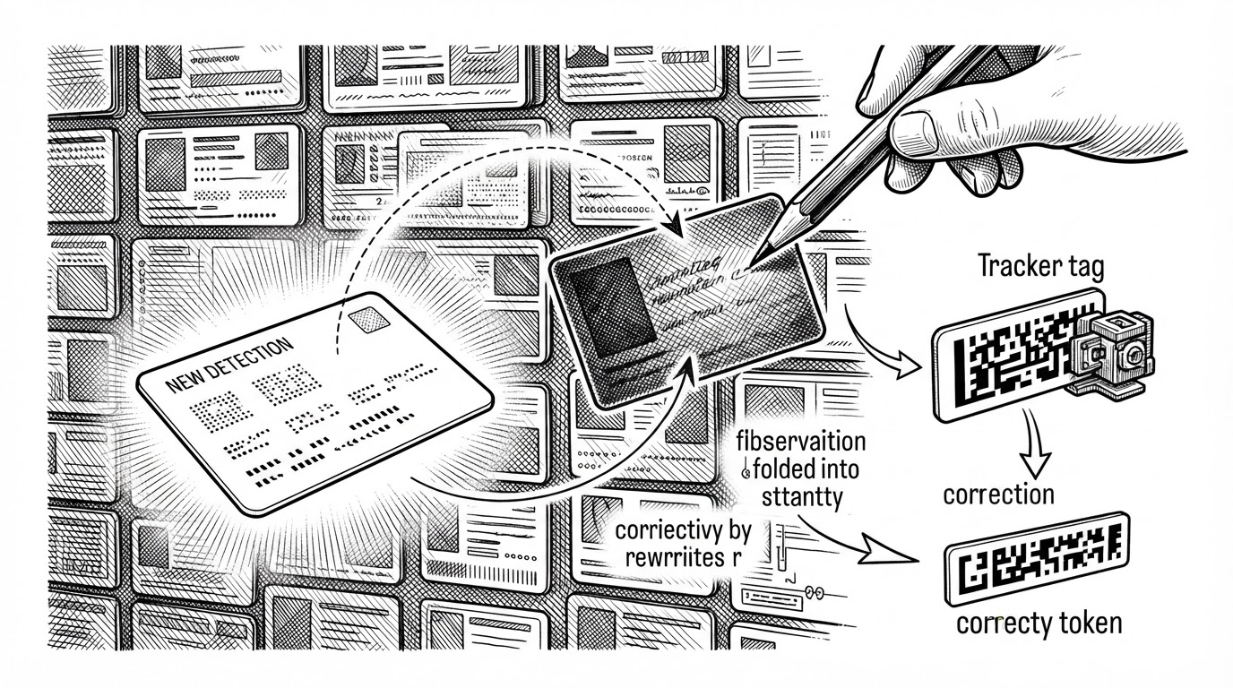 A close-up scene shows a fresh detection card being compared against a wall of older identity cards. One card is emphasized by a similarity line, while an EMA update tool adjusts the stored embedding like a living record. The image explains how the system merges new observations back into remembered identities.