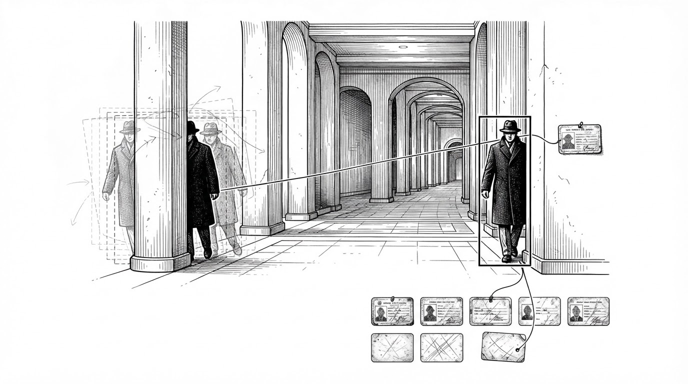A wide editorial scene shows a person slipping behind an obstruction, with motion boxes fading and then reappearing as a linked identity is restored. Beneath the figure, a small gallery of lost identity cards suggests that the system remembers who disappeared, not just where the box moved.