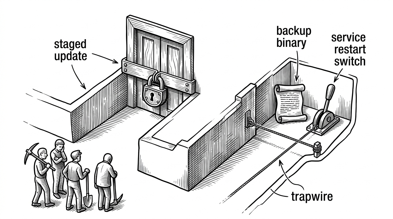 A close-up black-ink schematic showing two diverging update paths. On one side, a staged definition update passes through a narrow corridor where a padlock blocks the door. On the other, a backup binary sits beside a service restart switch with a trapwire across the path. The image explains the repo's passive and aggressive modes as two ways of intercepting the same lifecycle.