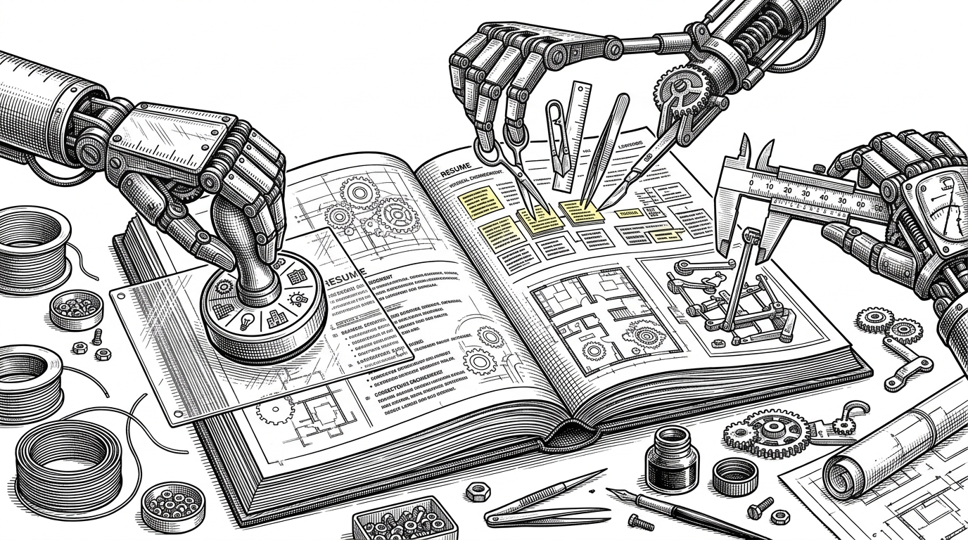 A wide editorial scene shows a master resume as a bound ledger on a desk while mechanical hands compare it against a job description overlay, trim highlighted lines, and inspect a score gauge. It explains that TailoredResume.ai treats resume tailoring like a governed production pipeline, not a one-shot text generator.