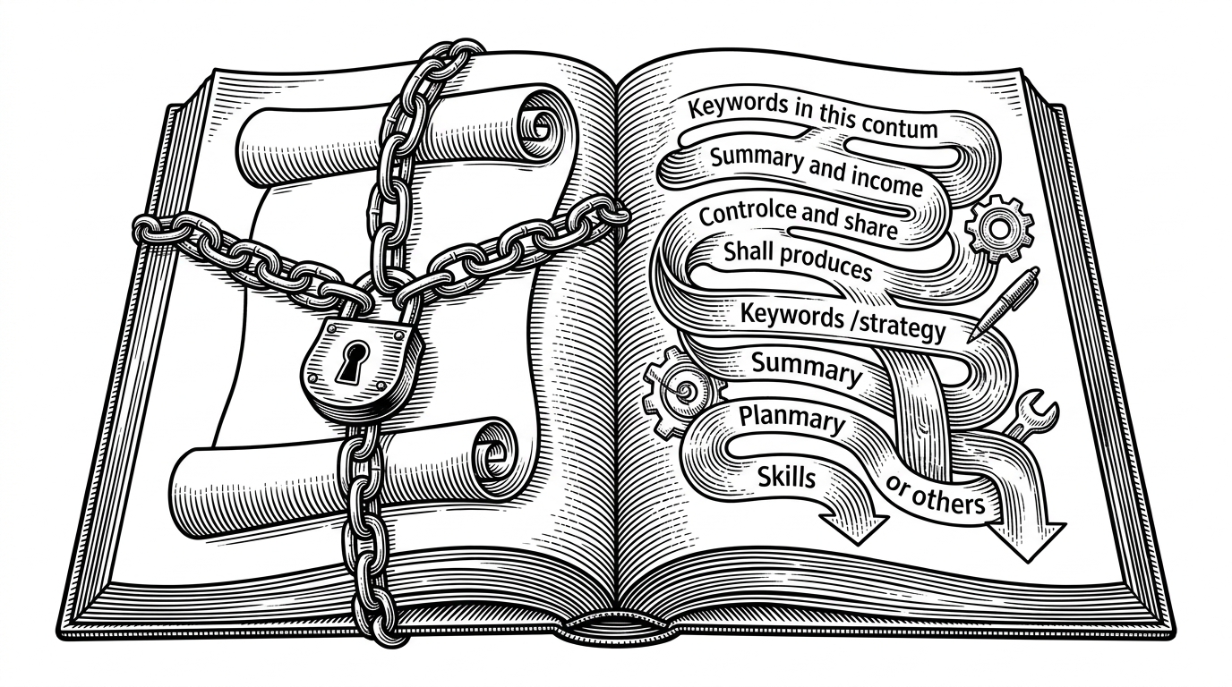A close-up split-page manuscript shows a locked left page for strict claims and a right page where keywords and skills flow through narrow channels. It explains how TailoredResume.ai separates factual resume content from controlled tailoring layers.