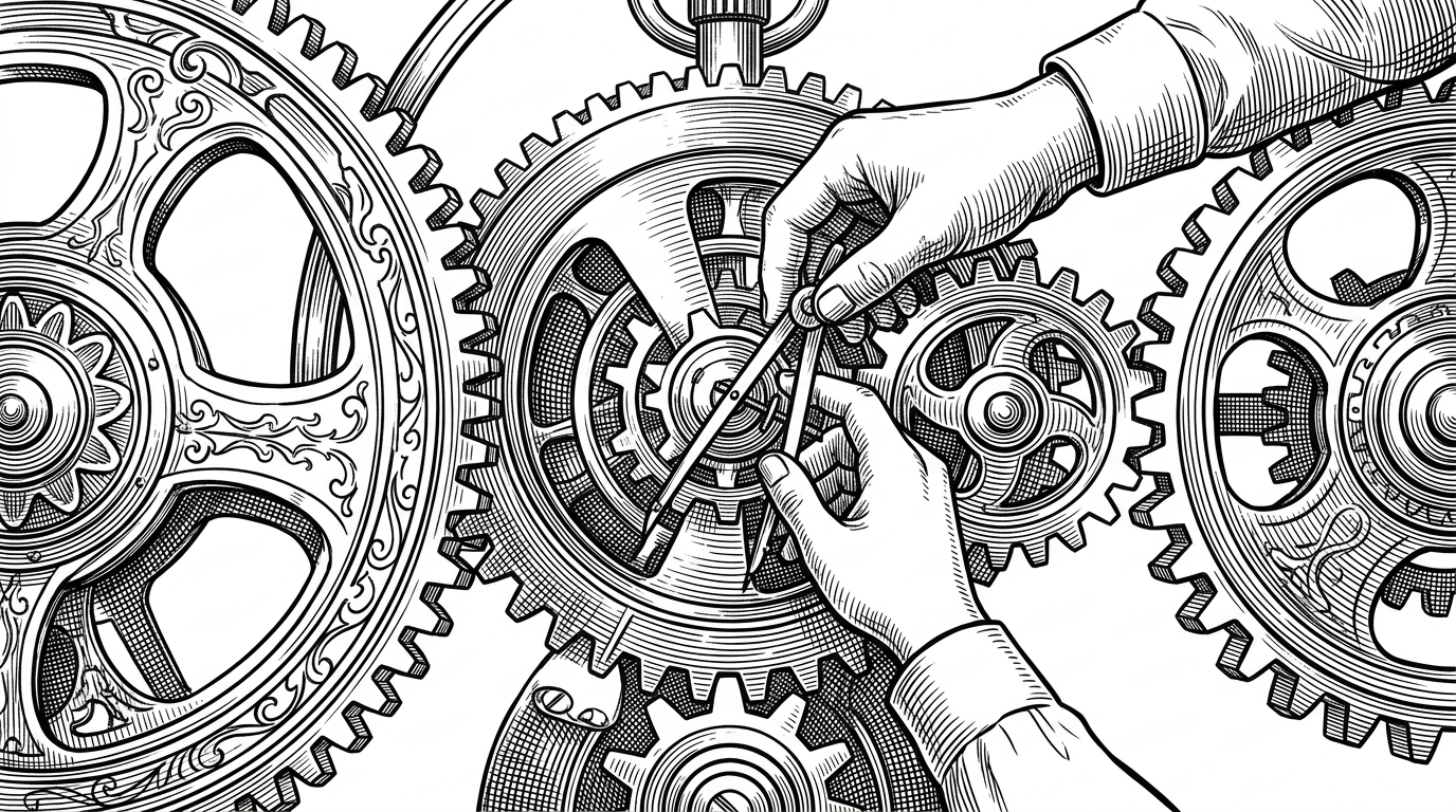 A hand sliding a divider between intricate clockwork gears, causing them to seamlessly resize to fit the new boundaries without leaving any gaps.