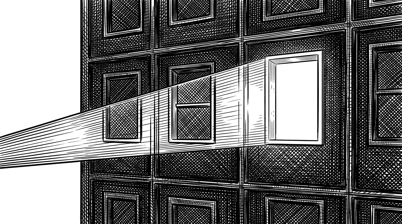 A flashlight beam cutting across a dark, uneven grid of windows, illuminating a target window while bypassing others.