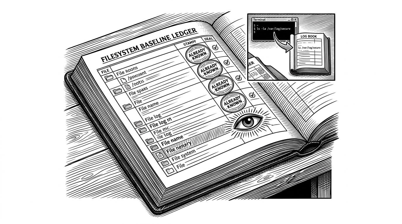 A close-up ledger for filesystem integrity monitoring. One set of files is stamped as already known, while a newer file is marked as newly observed. In the background, a small terminal scene shows a command being translated into a different logged form, emphasizing the timing and representation problems behind detection.