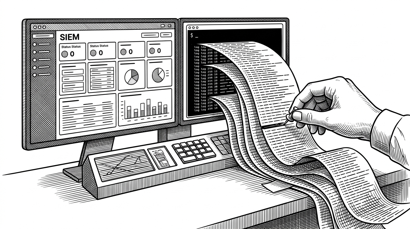 A home lab control room with a calm SIEM dashboard on one side and a spill of raw log lines on the other. The scene explains the repo’s core idea: a dashboard can be running and still not be useful until someone interrogates the evidence underneath it.