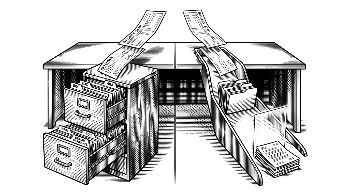 A split desk scene with salary flowing into two tax paths. On one side, folders marked with deduction labels crowd an old filing cabinet. On the other, a cleaner path ends in a comparison panel that points to the lower liability. It explains that this repo is not just calculating tax, but choosing between two legal paths.