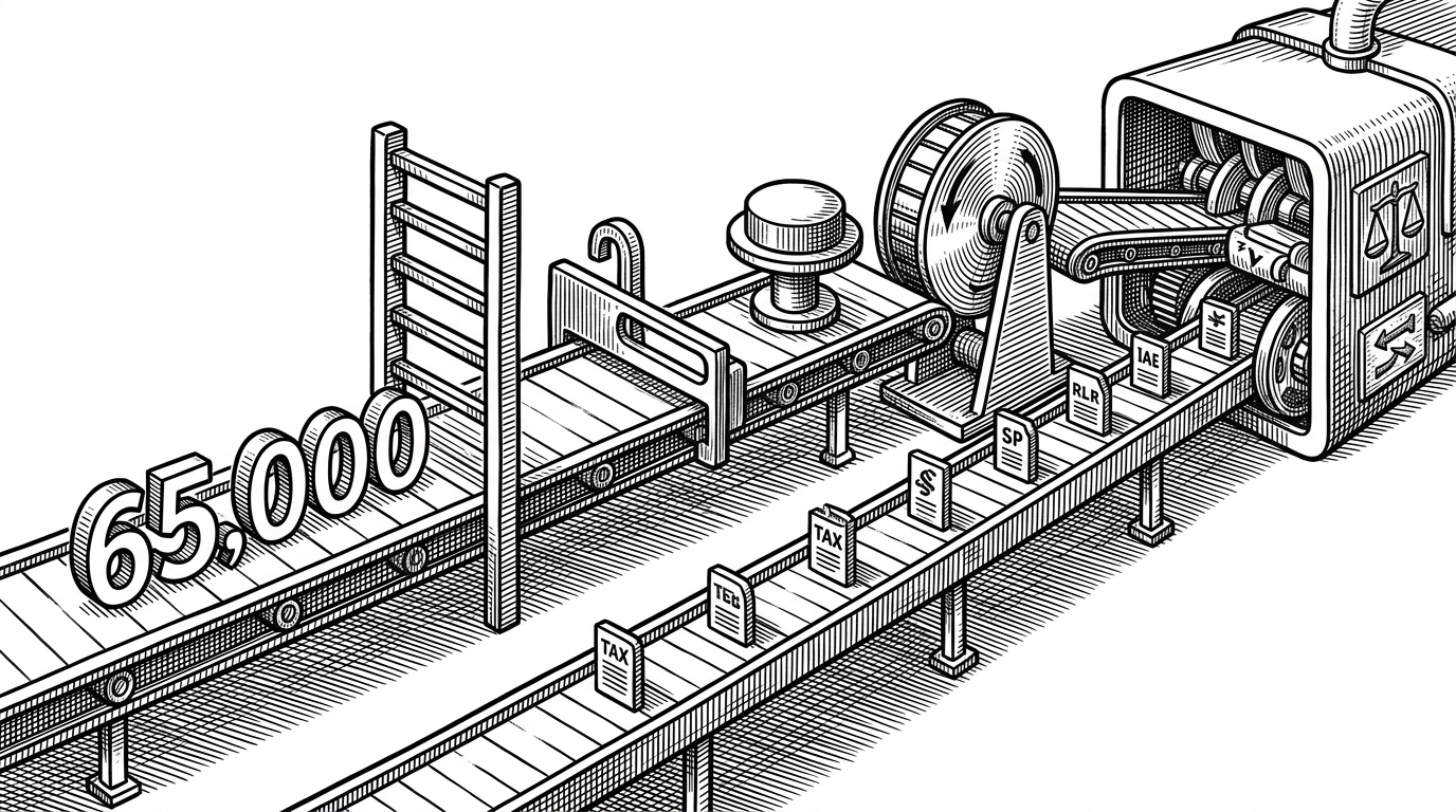 A close-up assembly line where a salary number enters a sequence of gates, including a slab ladder, a rebate latch, a deduction cap stop, and a cess wheel. Two parallel tracks feed into a comparison block at the end. It explains how the engine layers tax rules instead of treating tax as one flat formula.