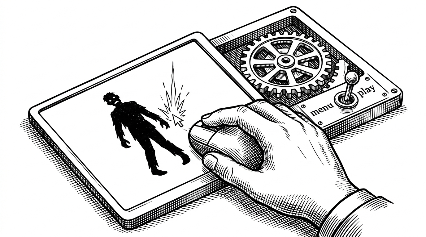 A lone hand clicks a zombie silhouette on a simple game screen while a small state toggle and an explosion bloom sit behind the action like exposed machinery. The image frames the game as a system of rules, not a spectacle, and hints at click detection, animation, and state changes all happening at once.