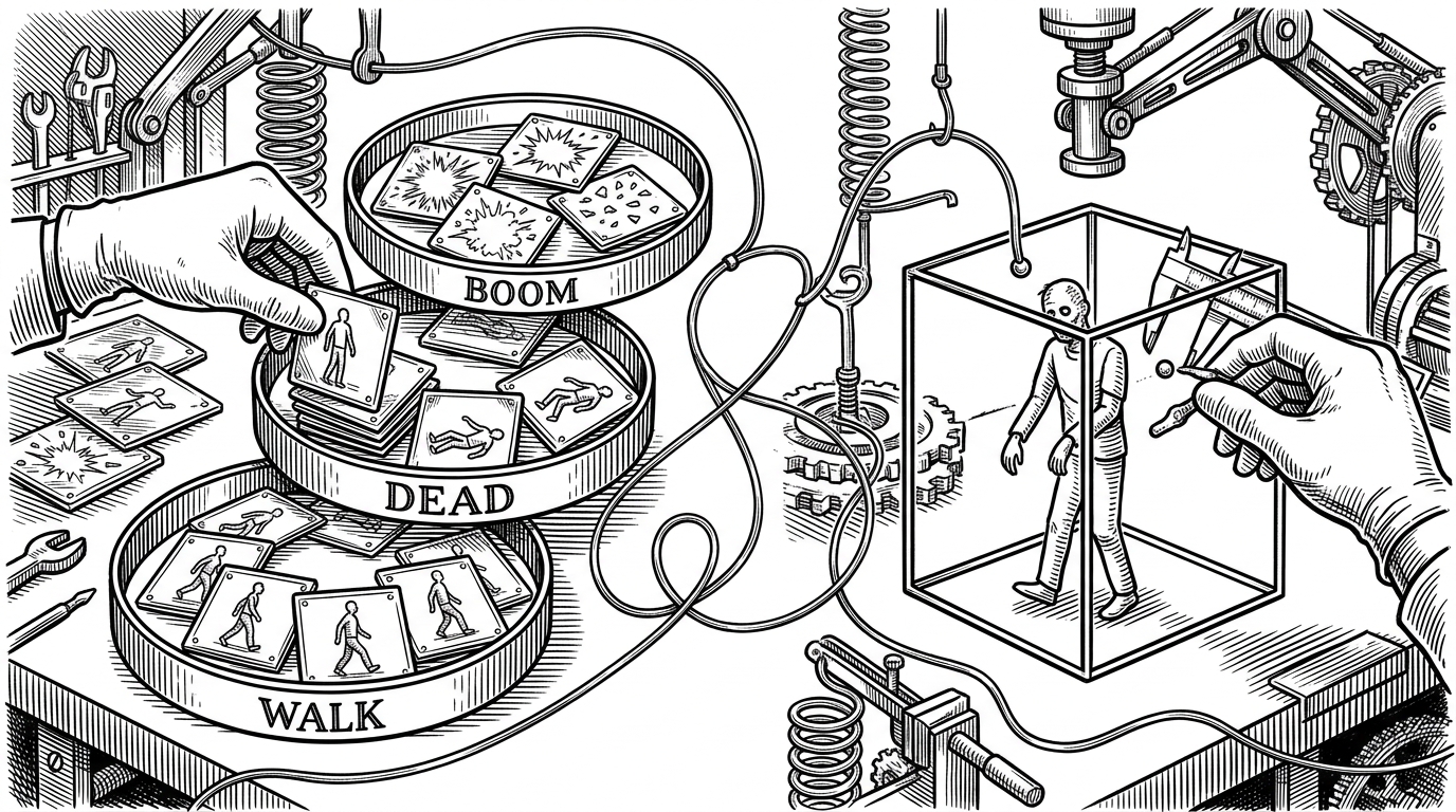 A workshop scene split into two linked halves. On one side, hands sort sprite frames into a stack marked walk, dead, and boom. On the other, another hand checks whether a point falls inside a drawn box around a zombie body. The image explains that animation and collision are the two mechanisms that make the game readable.