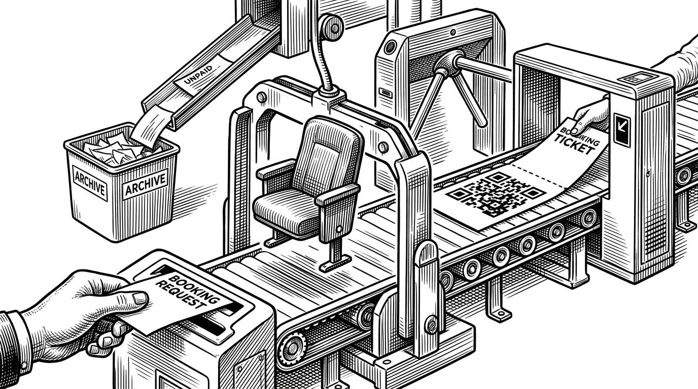 A wide editorial scene showing a ticketing system as a sequence of guarded transitions. A user hands over a booking request, a seat is held in tension by a lock, and a QR code is scanned at the door while an unpaid booking drops into a cleanup chute in the background. It explains that the hard part of ticketing is not browsing events, but preserving trust across payment, inventory, and entry.