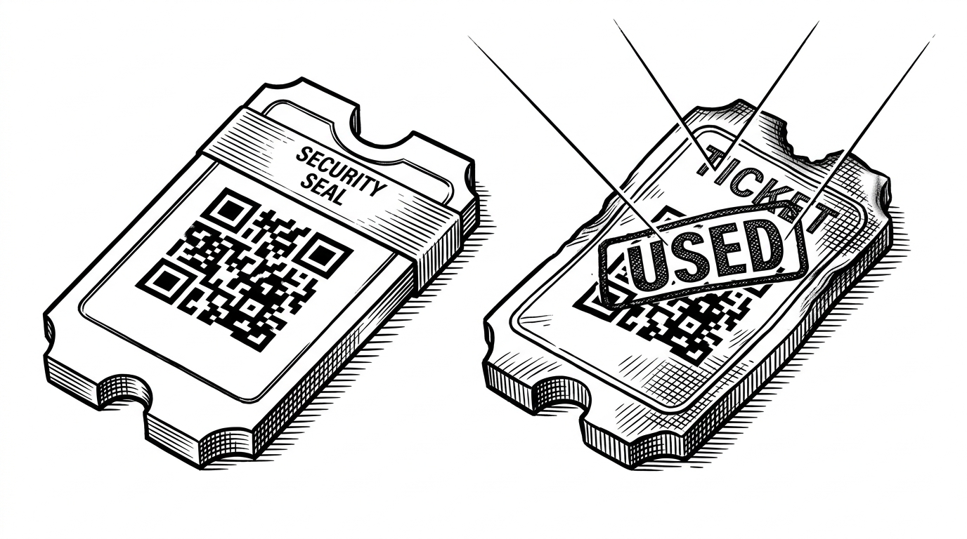 A close-up editorial illustration of one ticket token changing state. On the left, a clean QR slip glows with a fresh seal. On the right, the same token is marked used and fails to open a gate as a scanner beam bounces away. It explains how EventEz prevents QR reuse at the door.