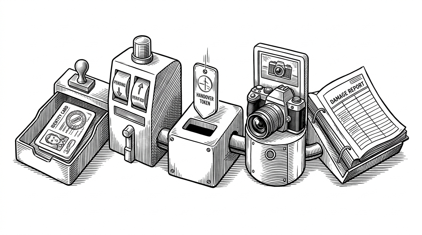 A close-up mechanical sequence shows an identity card entering a tray, a status light flipping from pending to verified, a handover token dropping into place, and a return camera capturing geo-tagged evidence. The image explains how the platform converts a rental into a chain of enforceable checkpoints.