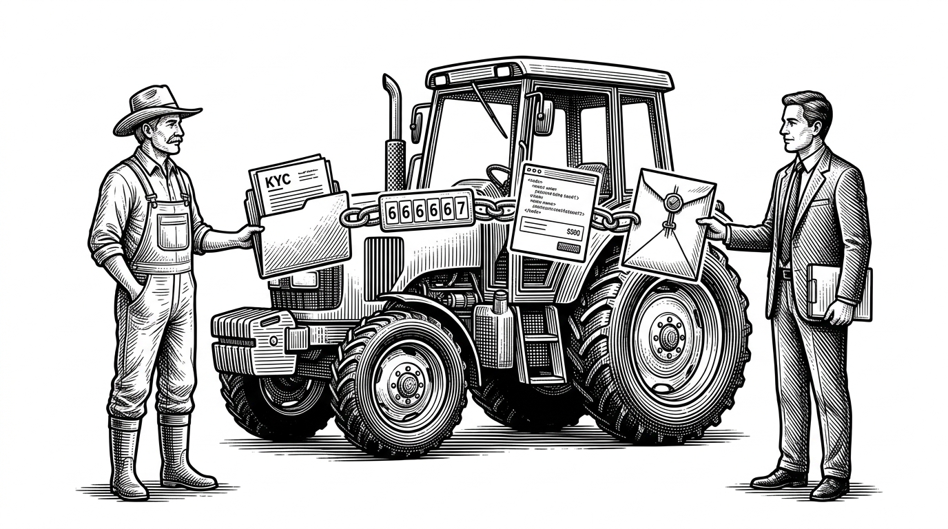 A farmer and a lender stand on opposite sides of a tractor, with verification objects bridging the gap between them. The scene explains that the real product is not the machinery itself, but the chain of proof that makes a physical rental safe to complete.