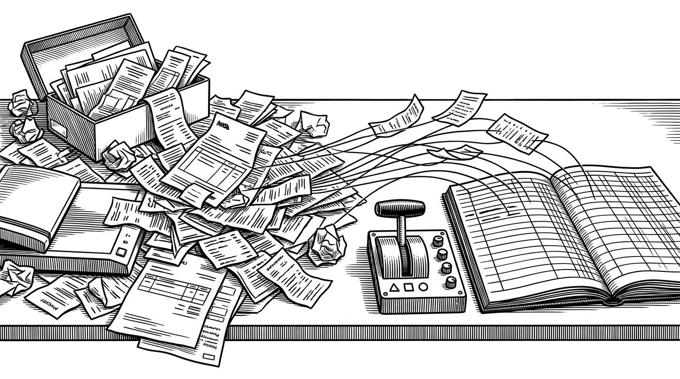 A wide workshop scene where scattered receipts, invoices, and paper clutter on the left are being pulled into a clean ledger on the right by a visible control lever in the middle. The image explains that TaxHacker turns messy financial documents into structured accounting data while letting the user steer the extraction logic.