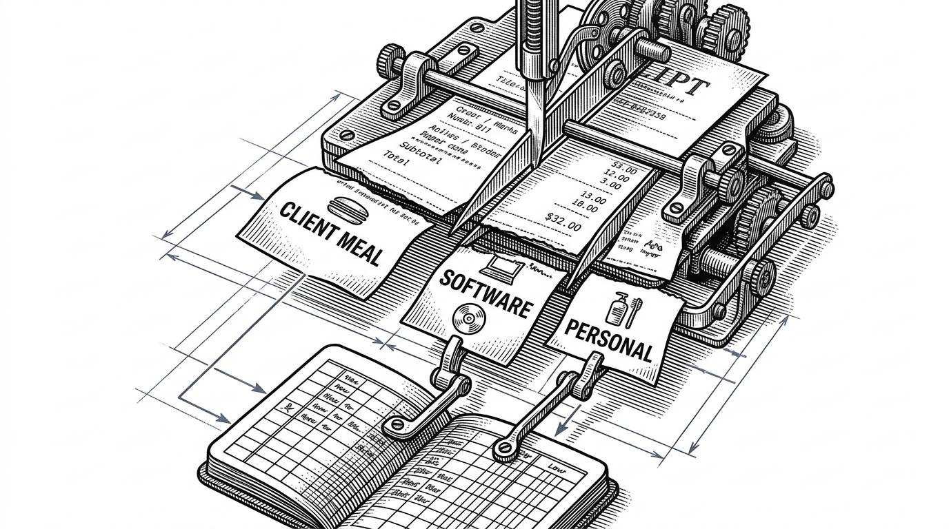 A close-up of a receipt being torn into structured fragments that feed into a small ledger grid. One fragment becomes a client meal, another becomes software, and another is marked personal. The image explains how TaxHacker splits one document into multiple typed accounting entries.
