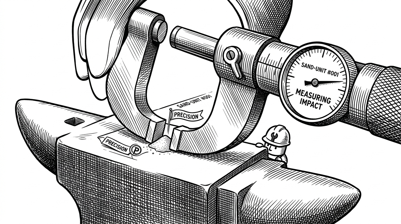 A giant industrial micrometer meticulously measuring a single grain of sand on a steel anvil, representing Node's granular performance benchmarks.