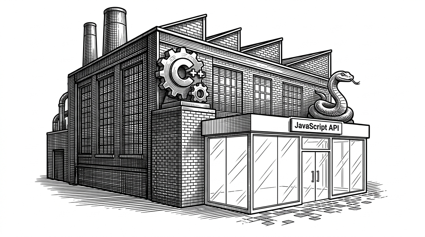 A massive heavy-industrial factory building with a pristine glass storefront, illustrating the complex C++ backend hiding behind a clean JavaScript API.