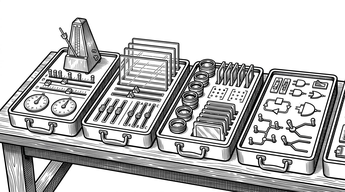 A close editorial scene presents several labeled plugin toolkits arranged on a workbench, each one shaped for a different task. One kit is built for timing, another for layering images, another for filters, and another for control flow, showing that the repo is a standard library rather than a pile of unrelated extensions.