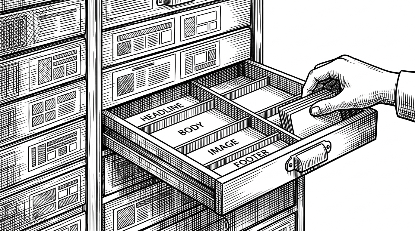 A close-up illustration of a cabinet of layout drawers, with one drawer partly open to reveal slot-like compartments for headlines, body text, and visual blocks. The scene explains that SlideKit routes content into predefined layout patterns instead of asking the model to invent every slide structure.