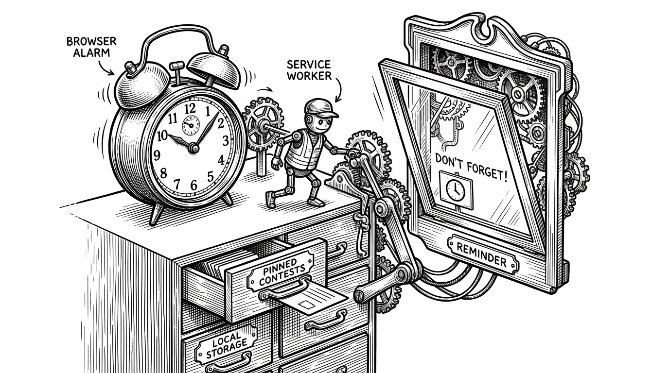A close-up mechanical relay where an alarm triggers a service worker, the worker checks pinned contest state in a storage drawer, and a separate reminder window opens at the end of the chain. The image explains how the extension turns passive data into an active notification path.