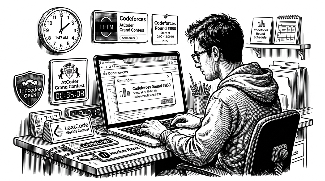 A competitive programmer sits at a desk surrounded by contest clocks and platform markers, while a browser window opens a dedicated reminder popup for one pinned event. The image shows timing as the main product, not just a list of upcoming contests.