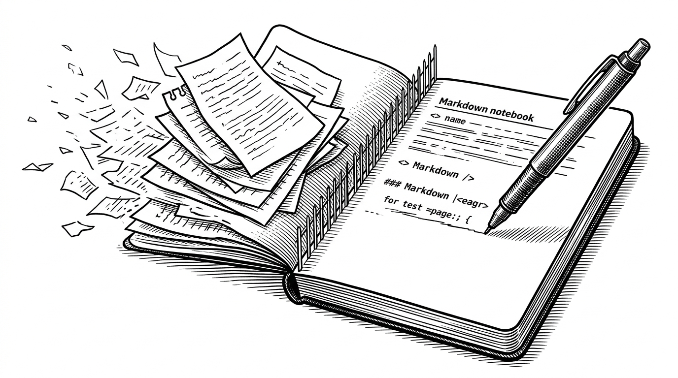 A close-up editorial scene shows a bound Markdown notebook receiving a fresh page from a mechanical pen while disposable notes fade away on the left. A thin fence line separates recalled memory from live instruction. The image explains why Hermes distinguishes memory from the current prompt and why durable write-back changes the agent’s behavior over time.