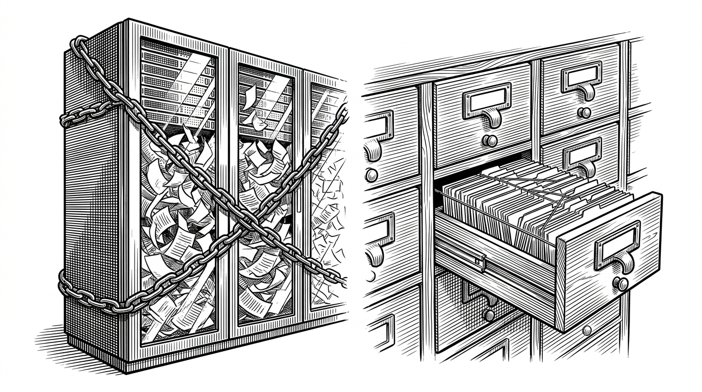 A split illustration showing a chained server rack filled with shredded paper on the left, and a neat, connected wooden card catalog on the right. This represents the contrast between chaotic cloud vector databases and structured local memory.