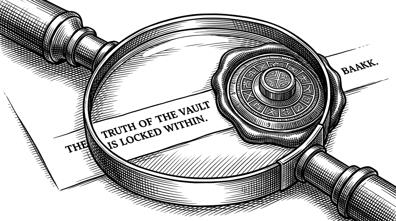 A close-up of a magnifying glass over text, locked in place by a heavy mechanical wax seal with cryptographic patterns. This illustrates the SHA256 citation verification system.