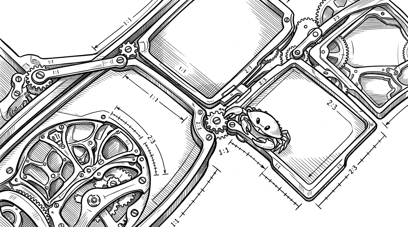 A close-up blueprint-like illustration of a terminal pane tree dividing into recursive splits. One leaf pane branches into two child panes with ratio lines and measured segments, suggesting that layout is preserved by proportions rather than fixed pixels. The image explains how con keeps a terminal session alive while letting the workspace reconfigure around it.