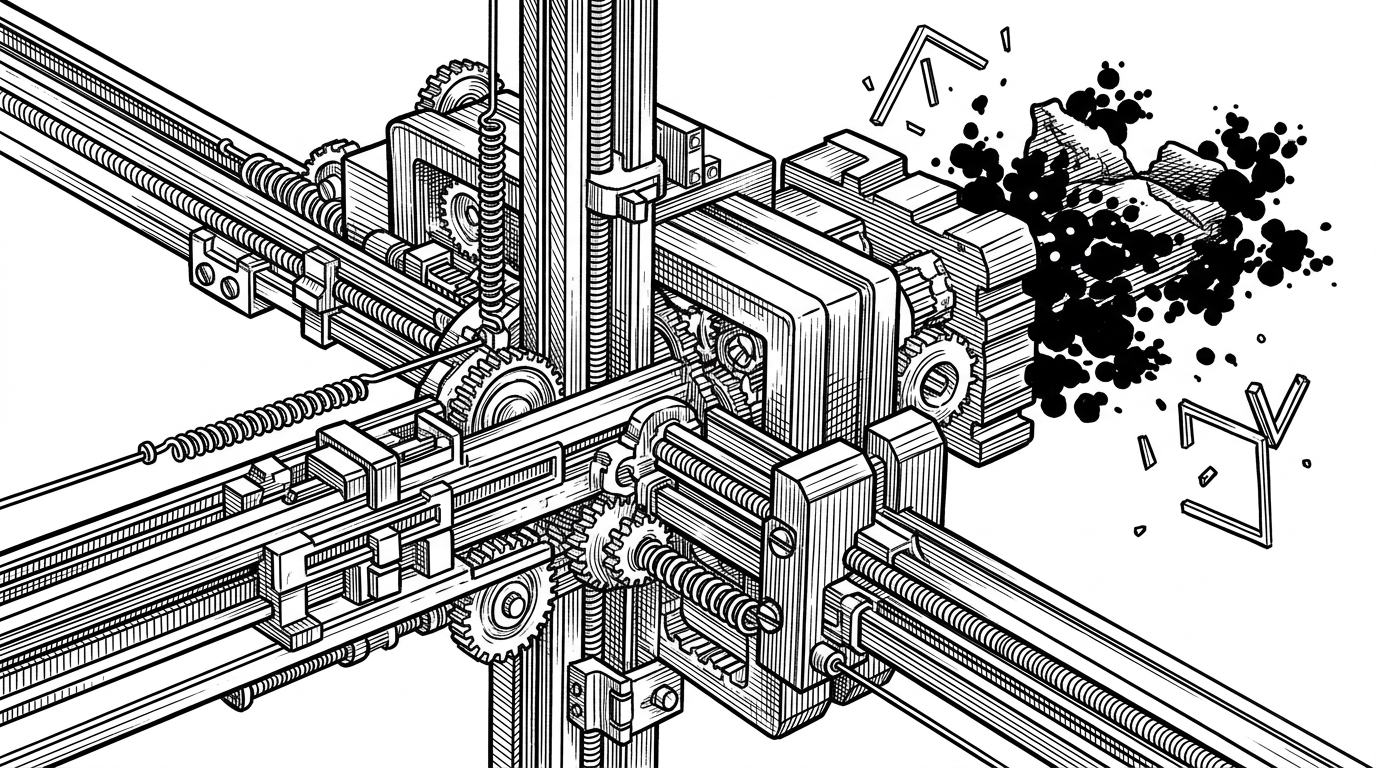 A close-up machine-like mechanism shows three aligned axes feeding through a transformer core, with rails and threads keeping motion aligned across space and time. The image explains how Lyra uses spatial positional structure to preserve consistency while generating views.