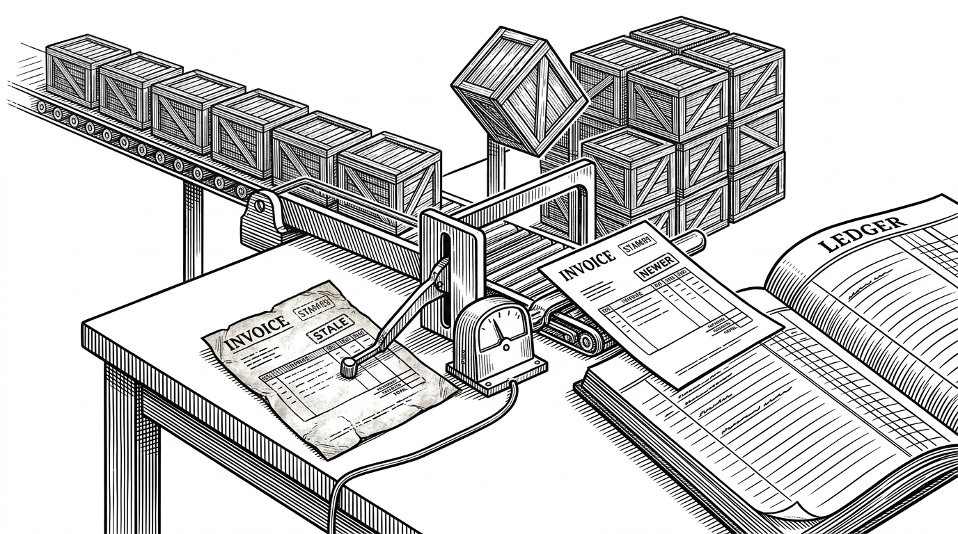 A close-up editorial illustration of two stamped invoices on a workbench, one fresh and one stale. A mechanical gate compares their timestamps and only lets the newer one through into a ledger, while duplicate crates are sorted one by one behind it. The image explains how the sync layer refuses older ERP truth and keeps the newest record.