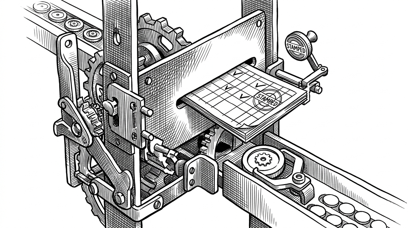 A close-up editorial scene of a mechanical gate that stops a task token until a checklist is stamped complete. It explains how skills act as mandatory checkpoints rather than optional advice.