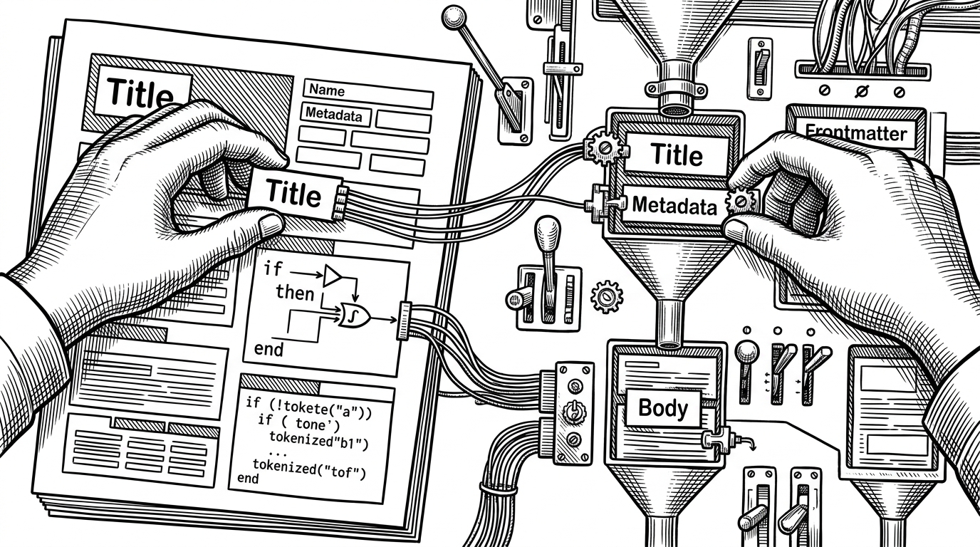 A close-up of a template editor where selector tokens, conditional blocks, and output fields are assembled like a control panel. The scene shows one hand choosing page fragments from a preview while another routes those fragments into frontmatter and note sections, explaining programmable extraction.