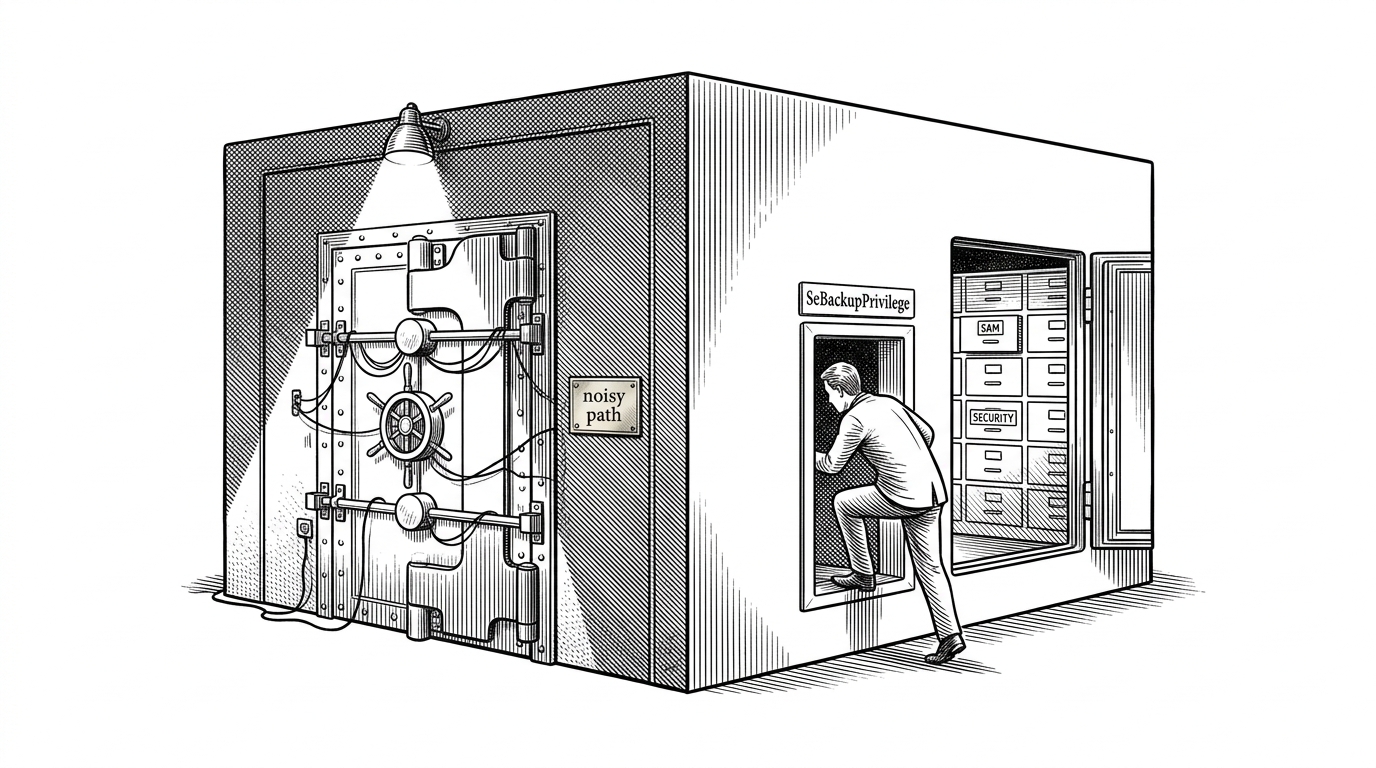 A close-up registry vault with two access routes. One route is a loud front door blocked by an alarm and spotlight, while the other is a narrow maintenance hatch marked by SeBackupPrivilege. Inside the vault are drawers representing SAM and SECURITY. It explains that the novelty is the access route, not the target itself.