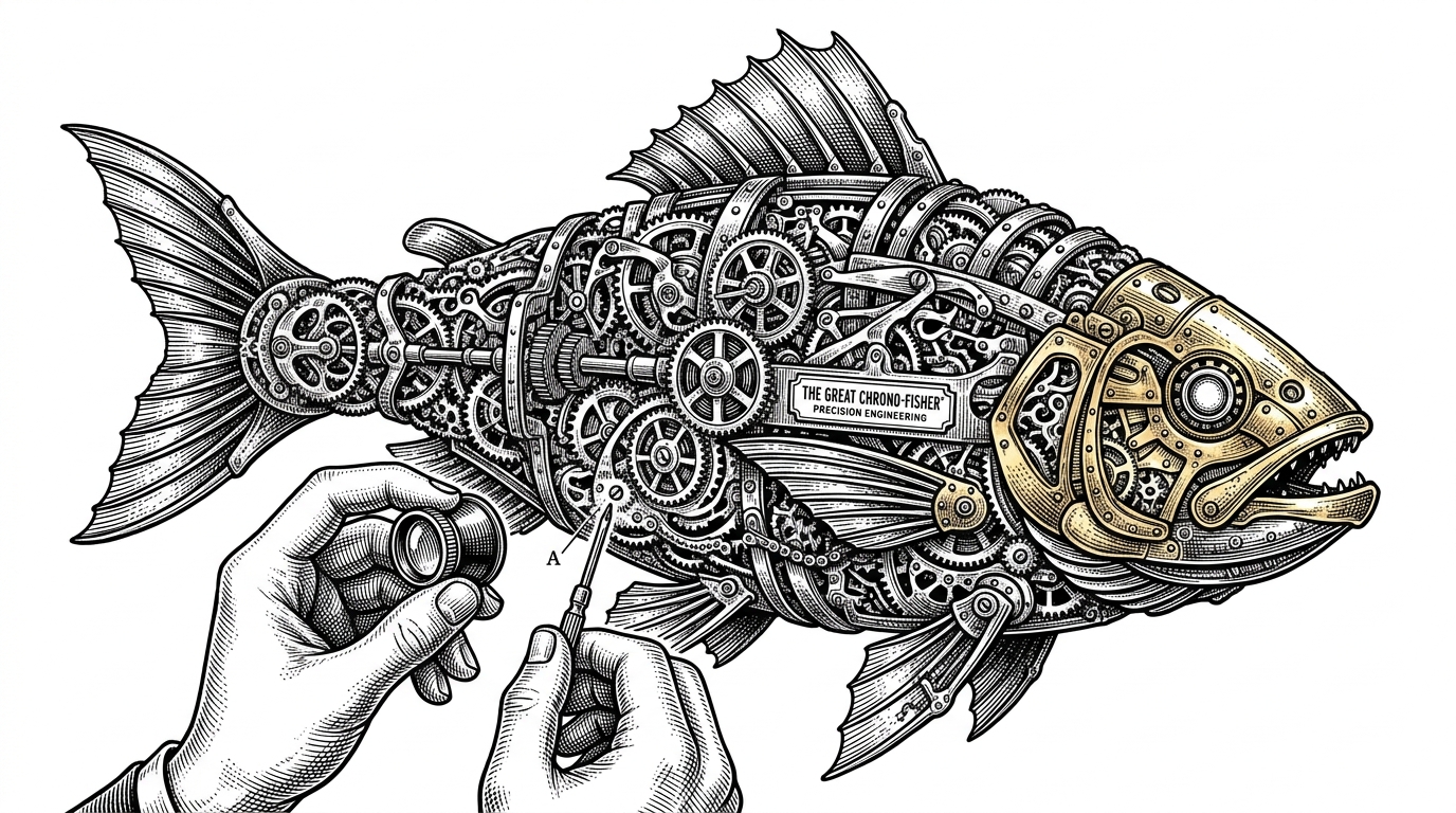 A massive, intricate clockwork fish made of millions of tiny, interconnected gears. A single human hand is adjusting one tiny screw with a jeweler's loupe, representing extreme optimization and incremental gains.