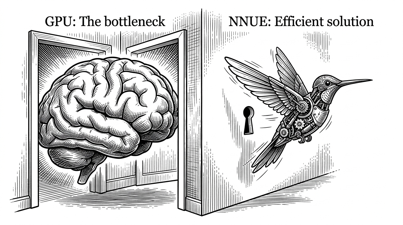 A split-screen illustration. On the left, a massive, glowing brain representing a GPU struggles to pass through a narrow door. On the right, a small, sleek mechanical hummingbird representing NNUE darts effortlessly through a keyhole.