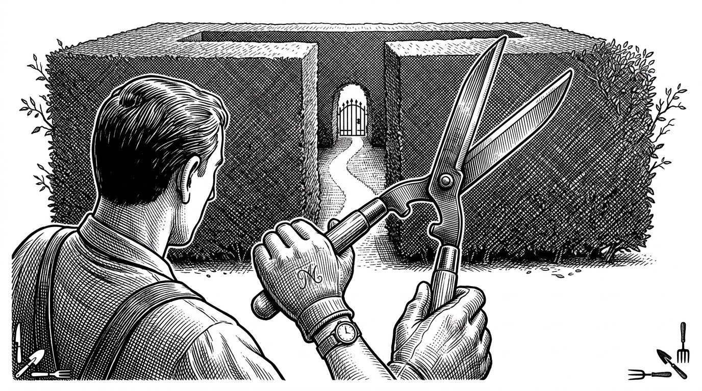 A gardener with a massive pair of shears standing before a gargantuan, sprawling hedge. 90% of the hedge is already cut away into clean, sharp lines, leaving only one thin, illuminated path.