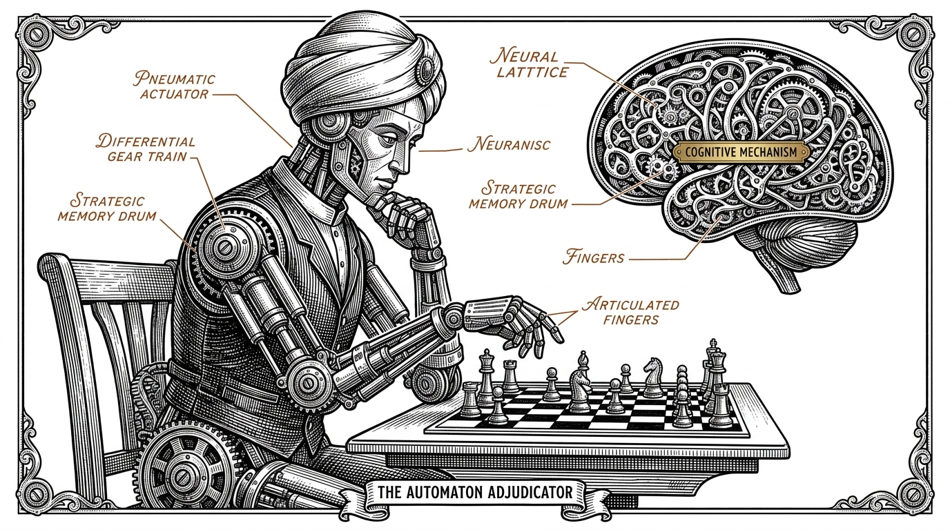 A mechanical chess player with a glowing neural lattice brain and heavy iron piston limbs, representing the hybrid NNUE architecture.