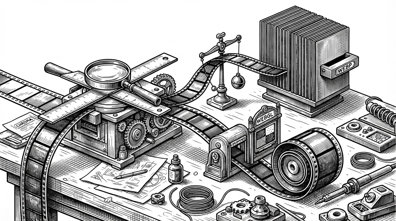 A close-up workbench scene where a motion pipeline is inspected step by step. A clip enters from the left, passes a frame checker with a ruler and magnifying glass, then exits through a branching decision into either a WebP atlas stack or an MP4 stream passing through a tiny shader gate. The image explains that the repository chooses delivery format based on runtime budget.