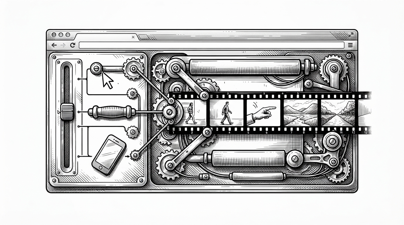 A browser window shown as a control console. Several different inputs, including scroll, cursor movement, drag, and device tilt, all converge on one moving strip of film frames. The image explains that the same generated motion can be indexed by different user actions instead of only being played in a fixed timeline.