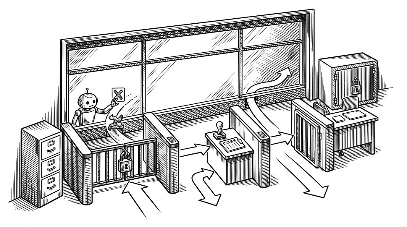 A terminal window sits behind a three-lane security gate, with one lane blocked, one lane paused at a review desk, and one lane open. The scene explains that Claude Code needs runtime policy, not just careful prompting, because commands and files are both part of the attack surface.
